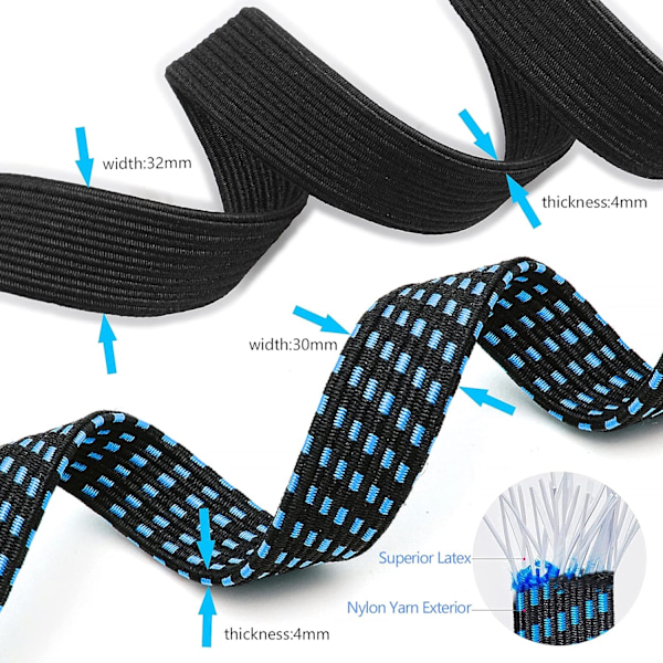 6 kpl:n joustava bungee-narusetti koukuilla, 4 kpl 2 m:n ylimääräisen pitkää joustavaa hihnaa ja 2 kpl 1 m:n sinistä joustavaa narua, 200 x 3 cm, 100 x 3 cm