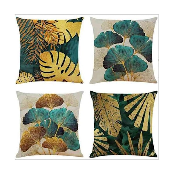 Set med 4 fyrkantiga kuddfodral i gröna blad och gyllene överdrag Kuddar Linne Soffa för Soffa Soffa Plog 4545cm