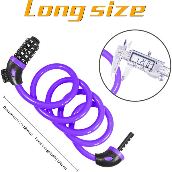 Cykellås (Lilla), Cykellås 120cm x 12mm Lang, Kabellås til Cykel Scooter Motorcykler Cykelport med 5-cifret Smart Kode og Barnevogn Cykel, Cykel L