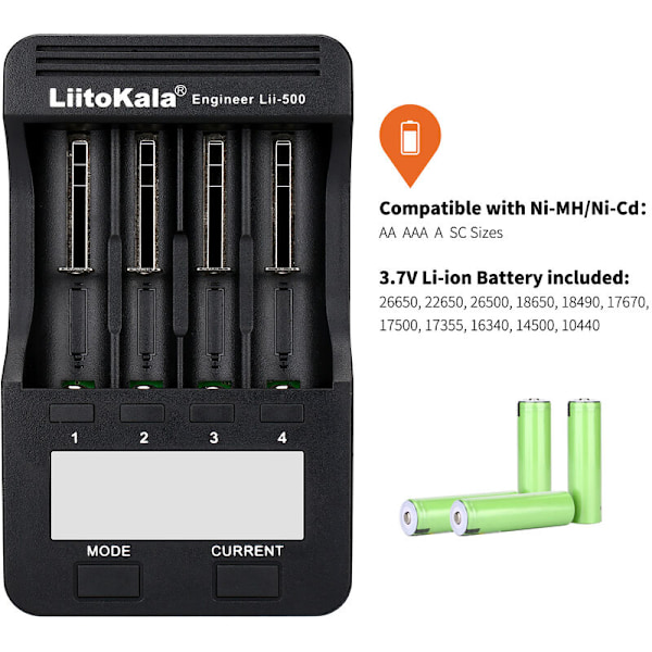 Lii-500 Batteriladdare Intelligent Laddare med 4 Batteriplatser LCD-display för Ni-Mh Ni-Cd Li-Ion Uppladdningsbara Batterier Stöd, (Laddare)