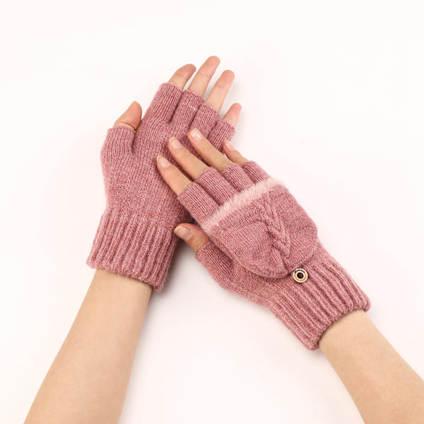 Korte flip-up uld fingerless handsker til kvinder, varme og moderigtige strikkede halvfinger ærmer (pink)