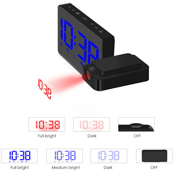 LED projektionsväckarklocka med USB-kontroll, FM-radio med variabel intensitet, skrivbordsklocka med roterande projektor, dubbellarm, snooze-funktion - blå