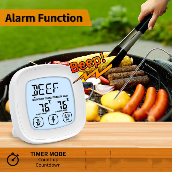 Digital kötttermometer med dubbla sonder och stor bakgrundsbelyst LCD-skärm, grilltermometer för ugn, kök och rökare med timer,