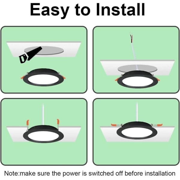 Pakke med 10 Svarte Innfelte LED Spotlights Ekstra Flat, 500LM 7W Rund Tak Innfelt LED = 50W Glødelampe, Varmt Lys 3000K, AC 220-240V, IP44, Indo