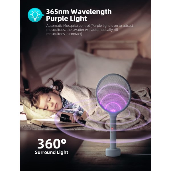 Elektrisk flugsmällare - Bug Killing Racket Dual Mode - Uppladdningsbar med lila myggdödande ljus - Bra för hemmakontor, uteplats, camping