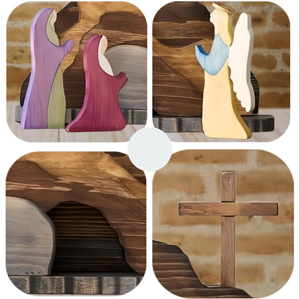Påsk Scen Trä Dekor, Trä Påsk Scen Set, Kristna Påsk Dekorationer, Lämplig för Religiös Hemmakontor Skrivbordsdekoration (1 Set)