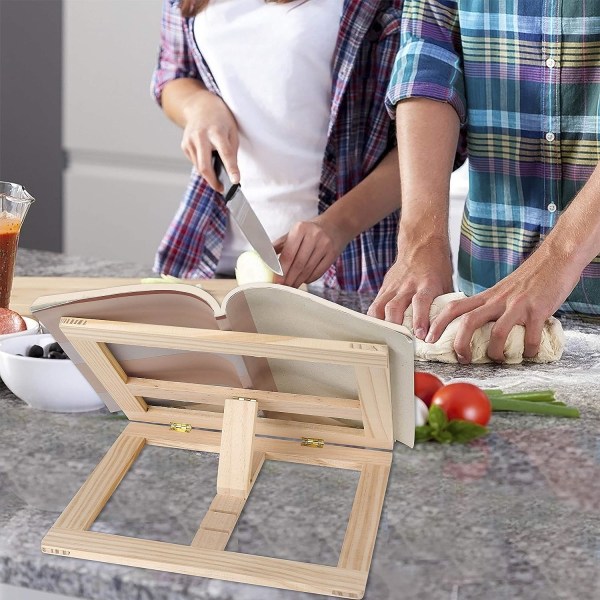 Bokställ i trä för recept i köket, bokstöd med 2 metallbokshållare, hopfällbart och justerbart bok- och hyllaunderlag, perfekt för iPad eller surfplatta