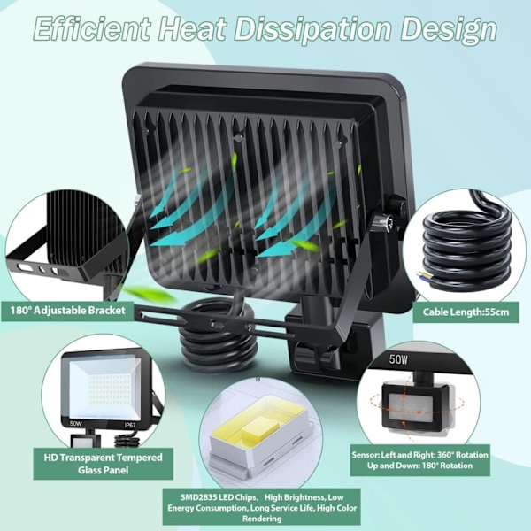 50W LED-strålkastare för utomhusbruk med rörelsedetektor, 2-pack, IP67 vattentät LED-spotlight med detektor, 5000LM 7000K vitt kallt ljus för utomhusbelysning, utomhus