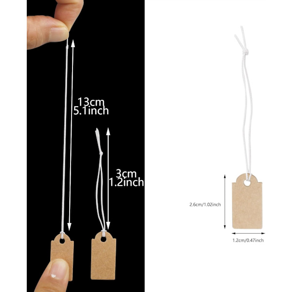 (Brun) 200 st prislappar, 26 x 12 mm Kraft prislapp klädprislapp mini smyckesetiketter med elastisk tråd för kläder smyckendisplay