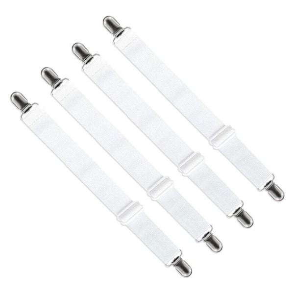 Set med 4 justerbara lakansträckare (65 cm till 200 cm), justerbar fästrem för lakan, säng, soffa, strykbrädesöverdrag (vit)