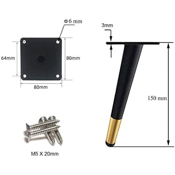 4 stk. skrå bordben i metal, kegleformede møbelben, 201 rustfrit stål, sort  gylden, 15 cm højde, skridsikker lydløs bund til sofaer