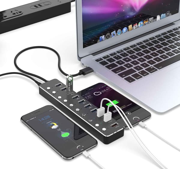 USB 3.0 Hub 10 portar Powered Multi Port USB med oberoende switch och 12V/2A strömadapter