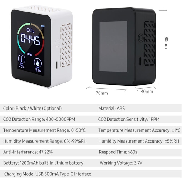 CO2-konsentrasjonstester LCD 2,8 tommer mini karbondioksiddetektor fuktighet og temperatur luftkvalitetsovervåking monitor batteri 1200 mAh CO2-teller