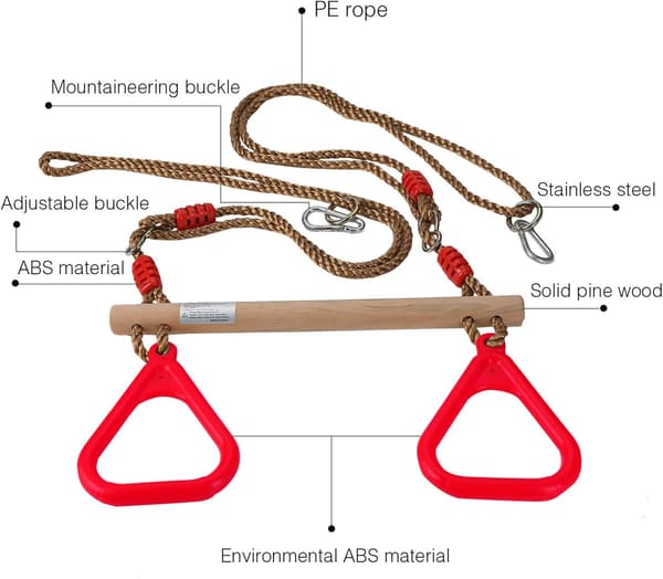 Trapes, ringer og gymnastikkstang i tre for barn, rød, 200 cm, Materiale: Plast (PP, PE)