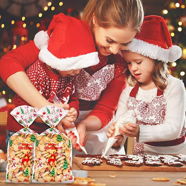 100 stk julegaveposer i plast til godteri, kjeks, julegaveposer med vri-bånd til julefestutstyr