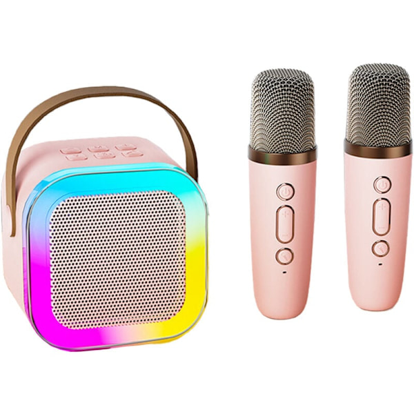 Karaokemaskin med 2 trådlösa mikrofoner, BT-högtalare med bas/diskantjustering och LED-ljus, stöder TF, USB och at