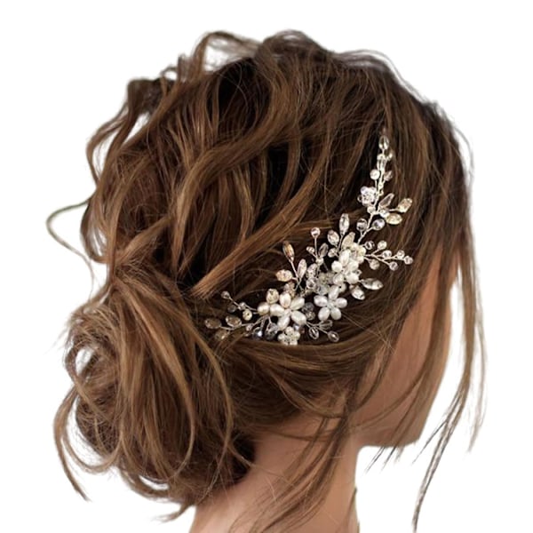 Brud bröllop hårkam pärla blomma hårbit strass kvinnor brud hår accessoarer (Silver)