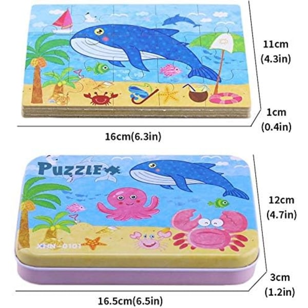 Træpuslespil til børn med 4 forskellige sværhedsgrader, 9, 12, 15 og 20 brikker, den perfekte lærerige version af puslespillet Under the Sea