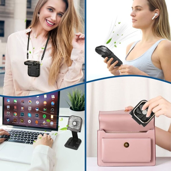 Mini USB-tuuletin, hiljainen kädessä pidettävä riippuva tuuletin, USB ladattava 5000mAh akulla ja 3 nopeudella, kokoontaitettava kannettava tuuletin kotiin, toimistoon ja matkoille, musta