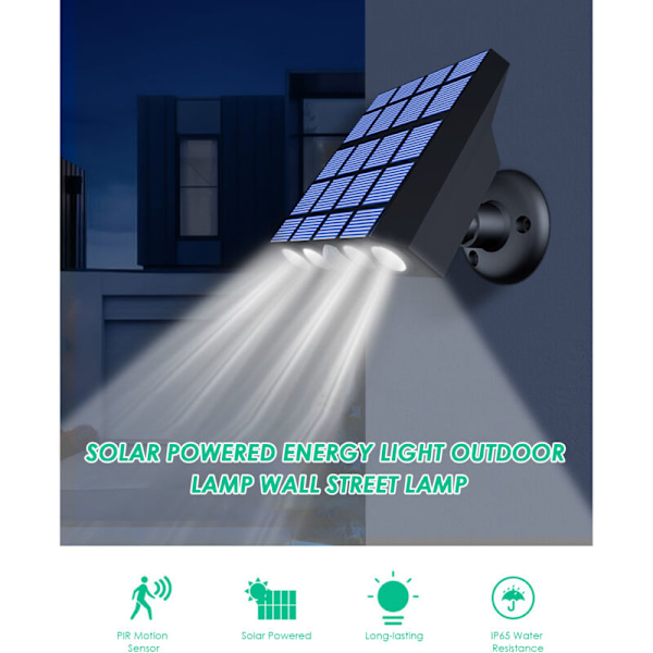Udendørs lampe med solenergi med 4 LED'er, følsom lysstyring/PIR bevægelsessensor, menneskelig bevægelsesdetektor/3 forskellige belysningstilstande/IP65 integreret