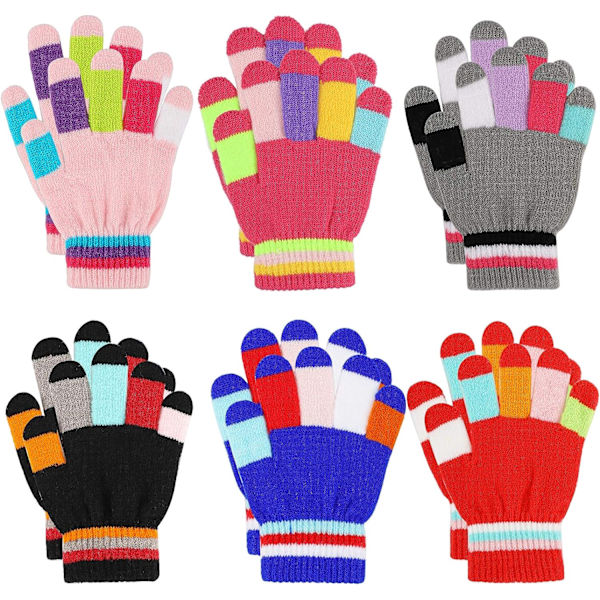 Barnvantar Vinter Stickade Färgglada Randiga Vantar Magiska Hel Finger Vantar Stretchiga Varma Vantar för Pojkar och Flickor, Unisex, 5-10 År Gamla, 6 Par