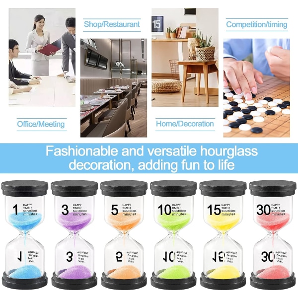 Set med 6 timglas, färgat timglas transparent glas kit, sandklocka 1 min/3 min/5 min/10 min/15 min/30 min - timglas timer, timer timer, kit