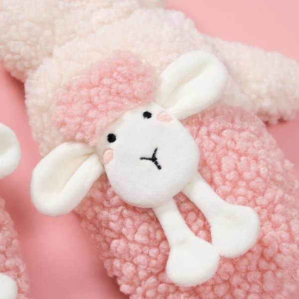 Vinterhansker Fluffy Animal Hansker Plysj Sau Hansker med Snøring Full Finger Hansker Vinter Varme Hansker, Rosa