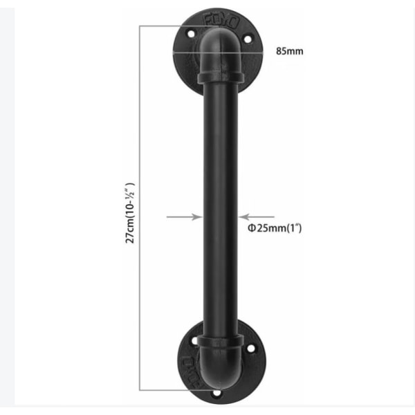 Set med 2 industrielle rør dørhåndtak, gripehåndtak, låvedørhåndtak, antikk rustikk støpejern for rampe, svart, 30 cm lang (S(25D,27L), svart)
