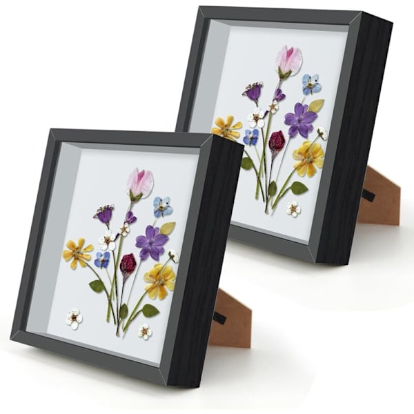 2 stk. dyb 3D ramme 20x20 cm, til vægophæng kontor tørrede blomster håndværk (sort)