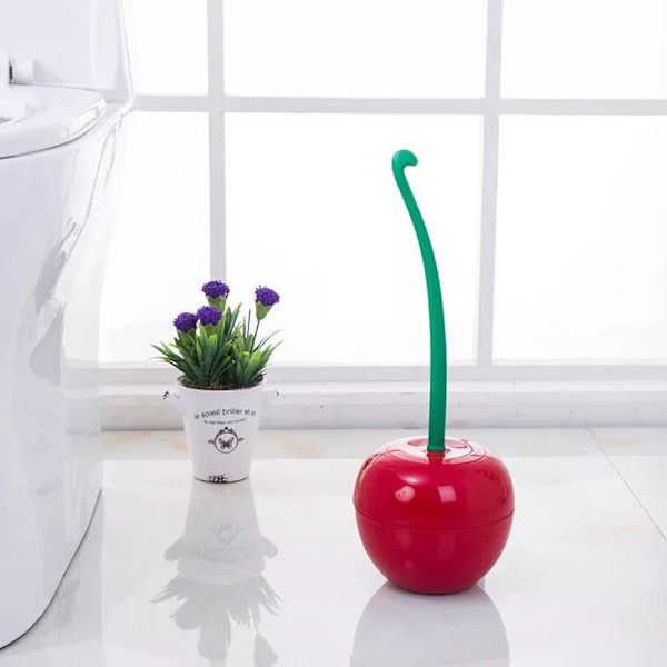 Toiletbørste og holder - Kreativ kirsebærformet, kompakt toiletbørste med godt greb, ABS-plasthåndtag, dekorativt badeværelsesrengøringsværktøj