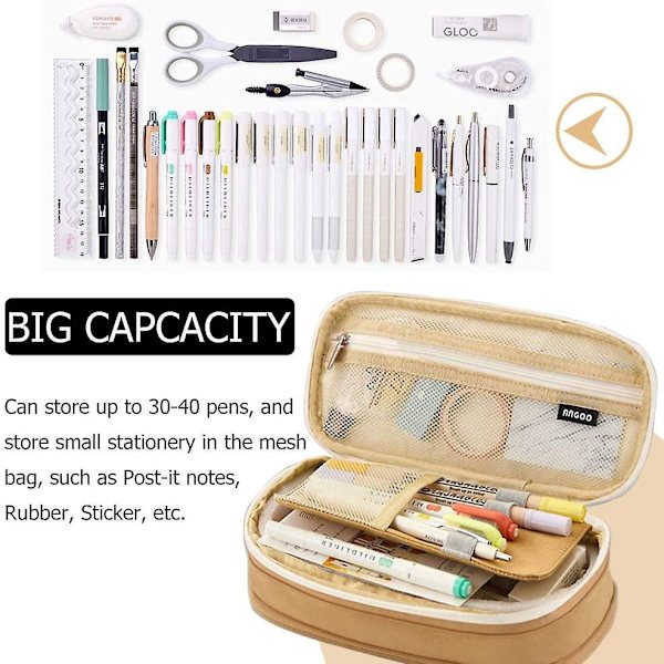 Stor kapacitet blyantsæske holdbar penneholder organizer brevpapir makeup kosmetik pung til børn, 22x11cm（Khaki）