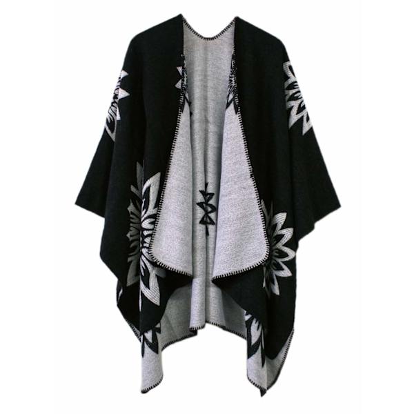 Varmt sjal til kvinder, ydre tørklæde, strikket tæppe, dobbeltsidet fortykket poncho, kvinders farveblokeret sjal, indpakket poncho med frontåbning
