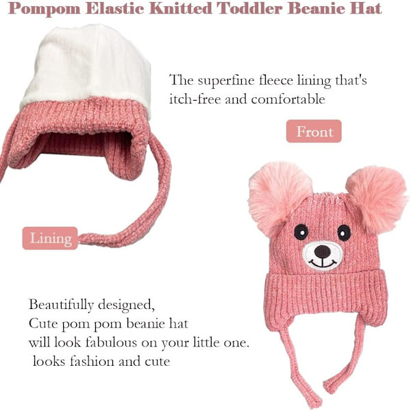 Søt bjørn barn vinter fleece foret strikket lue med øreklaffer dobbel dusk lue kaldt vær varm lue for alderen 1-5 (rosa)
