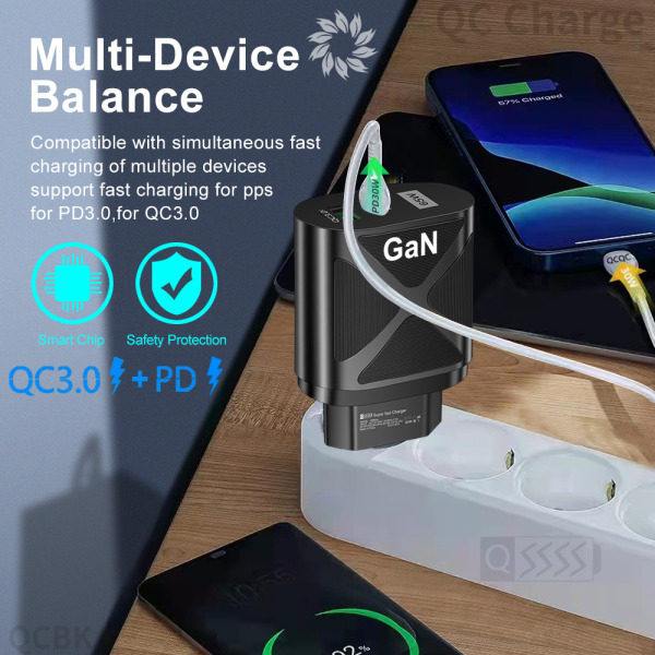 65W GaN Gallium Nitrid Lader PD Hurtiglader Mobiltelefon Lader Datamaskin Adapter CE FCC UKCA