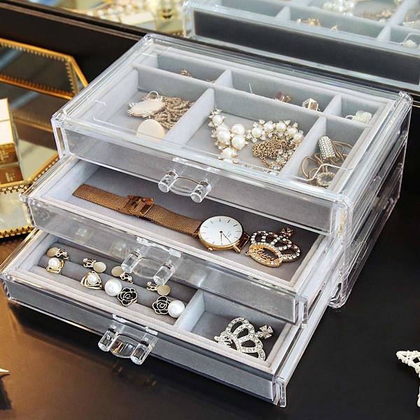 Smyckeshållare - Akrylsmyckeskrin 3 lådor, smyckesorganisatör i sammet, örhänge ring halsband armband displaylåda present till kvinnor, flickor