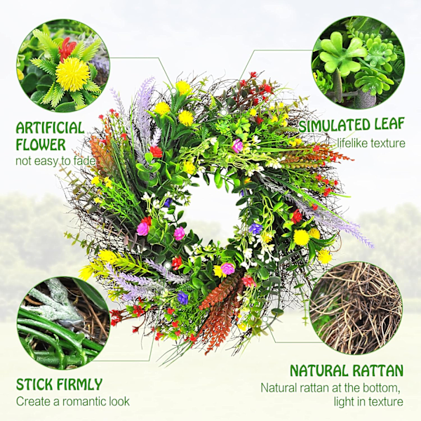 Dørkrans Kunstige Blomster Bordkrans Dekoration Forårs Blomsterguirlande til Hoveddør Stue Væg Have Bryllupsfest Diameter Ca. 35
