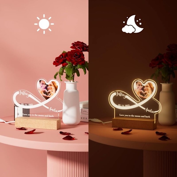 Infinite Love Yövalo - Henkilökohtainen lamppu valokuvalla, etunimillä, tekstillä, päivämäärällä - Ystävänpäivälahja miehille ja naisille, häät, pariskunta - RWVeille