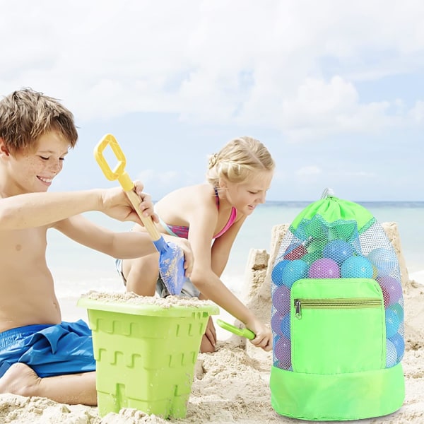 Strandtaske til legetøj (grøn), stor netstrandtaske, legetøjsopbevaringstaske til børn, børne-snørestrandrygsæk, sammenfoldelig skuldertaske, udendørs strandt