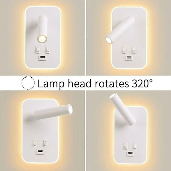 LED væglampe, sengelampe med kontakt, USB-ladeport, justerbar rumbelysning til soveværelse (naturligt lys 3 W + varmt lys 9 W) hvid