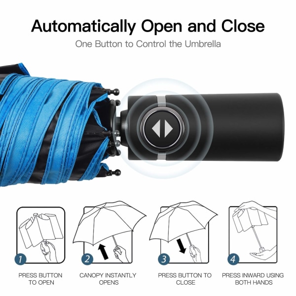 Kompakti matkustussateenvarjo, kestävä ja kannettava, Teflon-pinnoitteella - Vahvistettu sateenvarjo, ergonominen kahva, automaattinen avaus/sulkeminen
