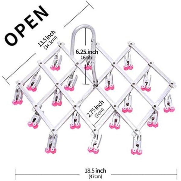 Rustfrit Tøjstativ, Sammenklappeligt Tøjstativ, Hængende Tøjstativ, Vindtæt, 18 Klemmer til Undertøj, Strømper, Handsker, Fjern Hurtigt Tøj