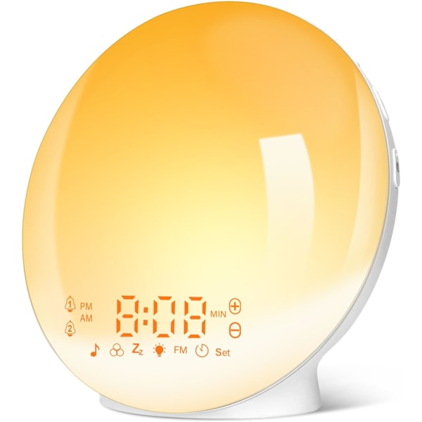 Solopgangs vækkeur, vækkeur med solopgang/solnedgang simulering, dobbelt alarm, sengebordslampe, snooze-funktion, FM-radio, 7 naturlyde 1(hvid)