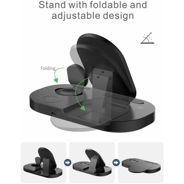 3 i 1 Foldbart Trådløst Opladerkabel, Hurtig Opladningsstation Touch Control LED Indikator Display til Smartphone Ur Knapper - Sort