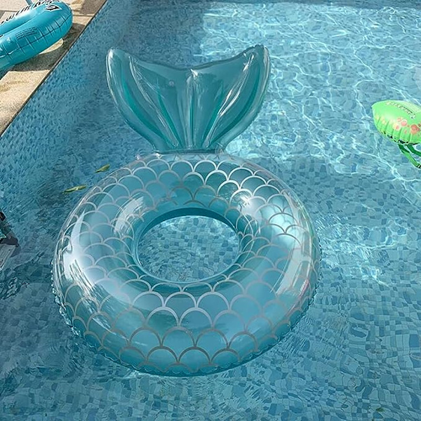 Vuxen sjöjungfru simring (blå, uppblåst ytterdiameter 110 cm), sjöjungfru simbassäng flyta båt roliga vattenleksaker tillbehör, exkluderar pump