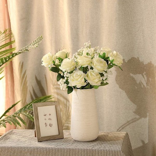 Kunstige roser silkeblomster buket hjemmekontor bryllupsarrangementer hvid (10 stk.)