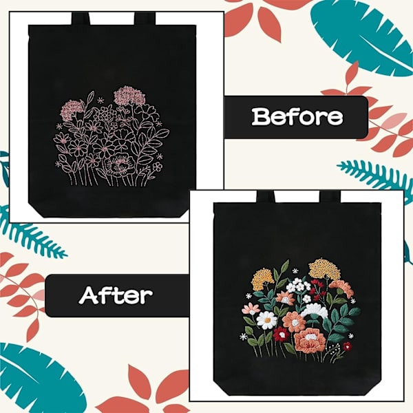 Svart canvas broderikit med mönster och instruktioner, broderistartkit, inklusive blommönster broderiväska, bambu broderiram, C
