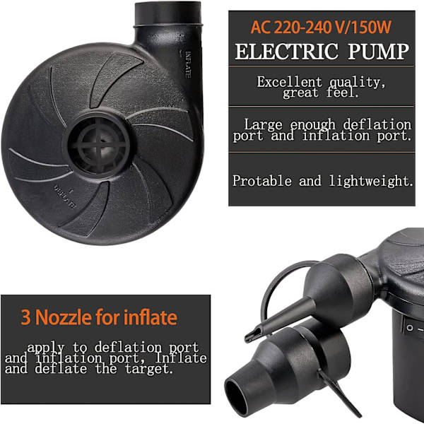 Elektrisk luftpump, elektrisk pump för uppblåsbara föremål, 150W poolpumpar, bärbara tömningspumpar med 3 munstycken för luftmadrass, simring