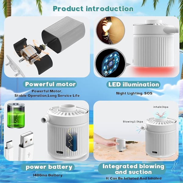 1200mAh Mini bærbar luftmadrasspumpe og deflator, liten USB oppladbar reise luft pumpe med LED lys, for bøyer, senger, bassengleker