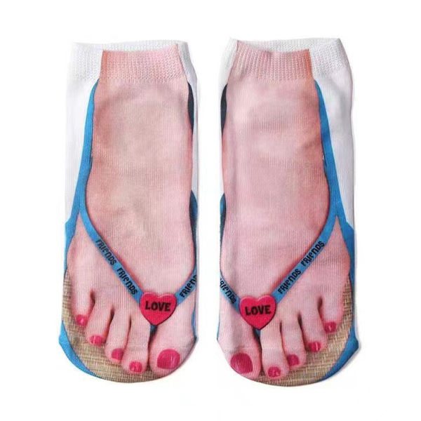 Imitation Sock Sandals 6 Par (37-42) Fancy 3D Mønster Trykte Sokker Flip-Flops Elastisk Bomuld Svedtransporterende Og Åndbar Lave Ankelsokker Til Kvinder Mænd