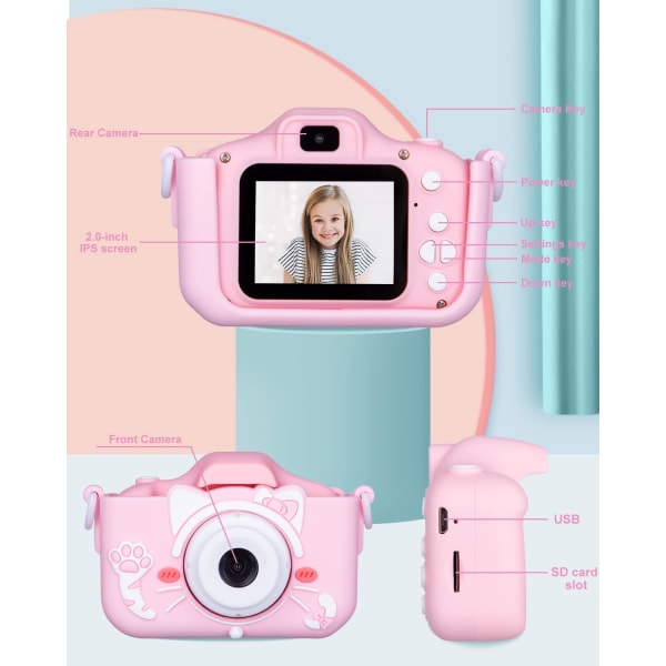 Rosa kamera för barn, 2,0 tum digitalkamera för barn, leksak digital C
